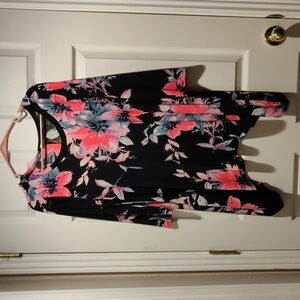 Black shark bite with  hot pink flowers top.